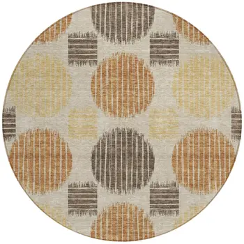 8' Tan Brown And Beige Round Geometric Washable Indoor Outdoor Area Rug