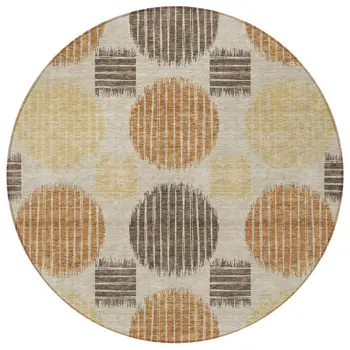 8' Tan Brown And Beige Round Geometric Washable Indoor Outdoor Area Rug