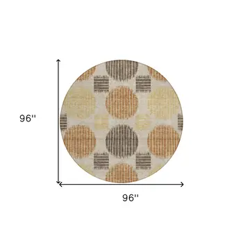 8' Tan Brown And Beige Round Geometric Washable Indoor Outdoor Area Rug