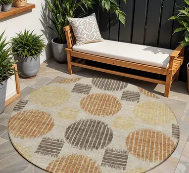 8' Tan Brown And Beige Round Geometric Washable Indoor Outdoor Area Rug