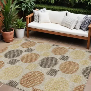 10' X 14' Tan Brown And Beige Geometric Washable Indoor Outdoor Area Rug