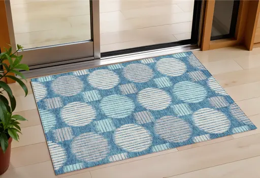 3' X 5' Teal Blue Gray And Ivory Geometric Washable Indoor Outdoor Area Rug