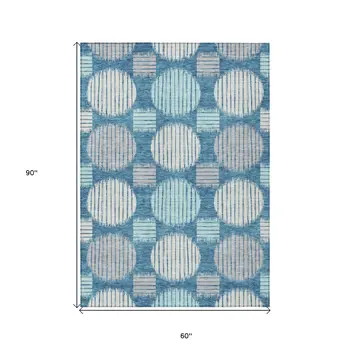 5' X 8' Teal Blue Gray And Ivory Geometric Washable Indoor Outdoor Area Rug