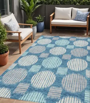 5' X 8' Teal Blue Gray And Ivory Geometric Washable Indoor Outdoor Area Rug
