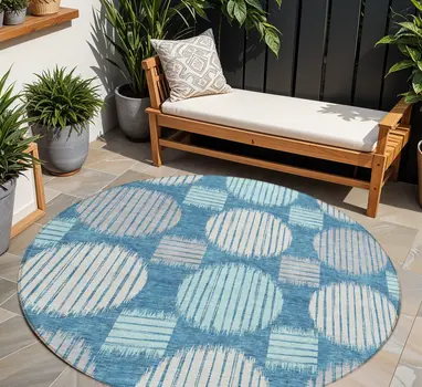 8' Teal Blue Gray And Ivory Round Geometric Washable Indoor Outdoor Area Rug