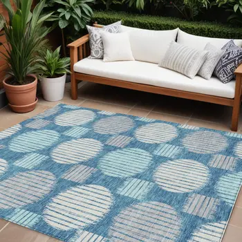 8' X 10' Teal Blue Gray And Ivory Geometric Washable Indoor Outdoor Area Rug