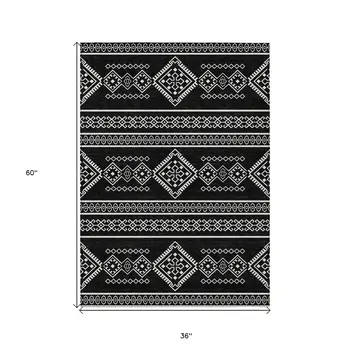 3' X 5' Black And Ivory Southwestern Washable Indoor Outdoor Area Rug