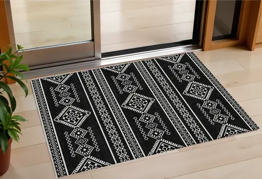 3' X 5' Black And Ivory Southwestern Washable Indoor Outdoor Area Rug