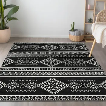 3' X 5' Black And Ivory Southwestern Washable Indoor Outdoor Area Rug