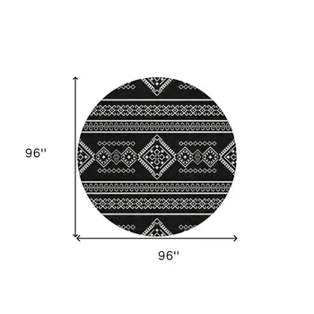8' Black And Ivory Round Southwestern Washable Indoor Outdoor Area Rug