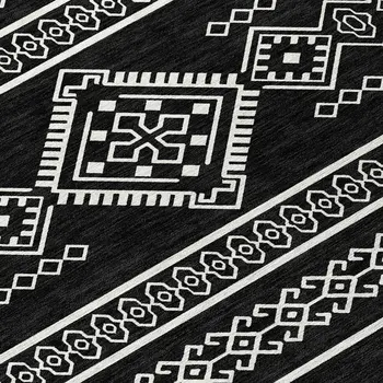 8' Black And Ivory Round Southwestern Washable Indoor Outdoor Area Rug