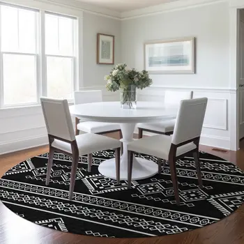 8' Black And Ivory Round Southwestern Washable Indoor Outdoor Area Rug