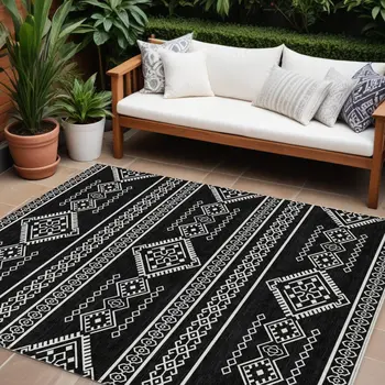 9' X 12' Black And Ivory Southwestern Washable Indoor Outdoor Area Rug