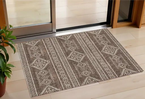 3' X 5' Brown And Ivory Southwestern Washable Indoor Outdoor Area Rug