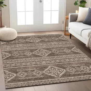 3' X 5' Brown And Ivory Southwestern Washable Indoor Outdoor Area Rug