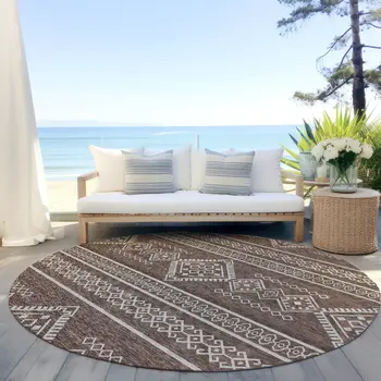 8' Brown And Ivory Round Southwestern Washable Indoor Outdoor Area Rug