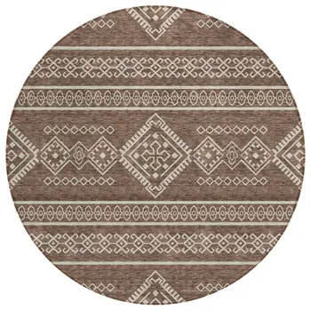8' Brown And Ivory Round Southwestern Washable Indoor Outdoor Area Rug