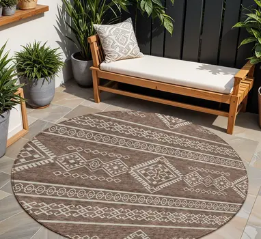 8' Brown And Ivory Round Southwestern Washable Indoor Outdoor Area Rug