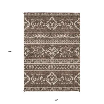 9' X 12' Brown And Ivory Southwestern Washable Indoor Outdoor Area Rug