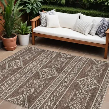 9' X 12' Brown And Ivory Southwestern Washable Indoor Outdoor Area Rug
