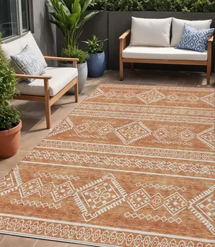 5' X 8' Copper And Ivory Southwestern Washable Indoor Outdoor Area Rug