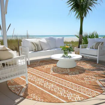 8' Copper And Ivory Round Southwestern Washable Indoor Outdoor Area Rug