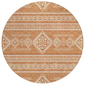 8' Copper And Ivory Round Southwestern Washable Indoor Outdoor Area Rug