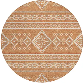 8' Copper And Ivory Round Southwestern Washable Indoor Outdoor Area Rug