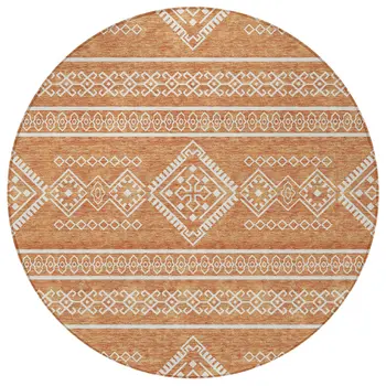 8' Copper And Ivory Round Southwestern Washable Indoor Outdoor Area Rug