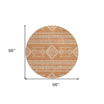8' Copper And Ivory Round Southwestern Washable Indoor Outdoor Area Rug