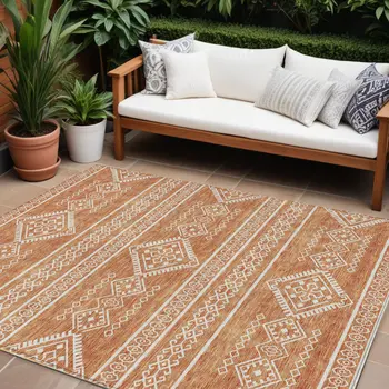 8' X 10' Copper And Ivory Southwestern Washable Indoor Outdoor Area Rug