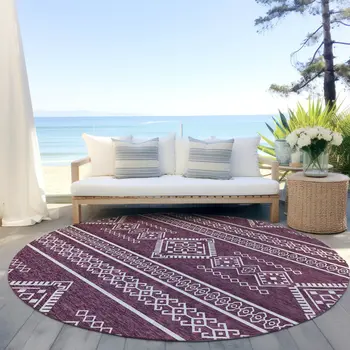 8' Eggplant And Ivory Round Southwestern Washable Indoor Outdoor Area Rug
