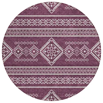8' Eggplant And Ivory Round Southwestern Washable Indoor Outdoor Area Rug