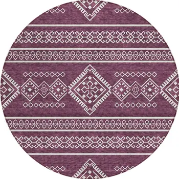 8' Eggplant And Ivory Round Southwestern Washable Indoor Outdoor Area Rug