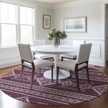 8' Eggplant And Ivory Round Southwestern Washable Indoor Outdoor Area Rug
