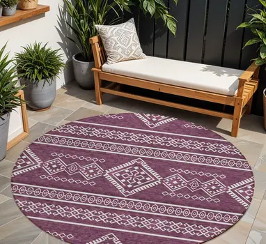 8' Eggplant And Ivory Round Southwestern Washable Indoor Outdoor Area Rug