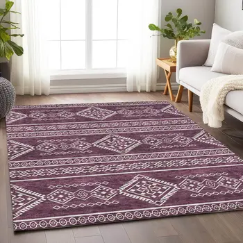 8' X 10' Eggplant And Ivory Southwestern Washable Indoor Outdoor Area Rug