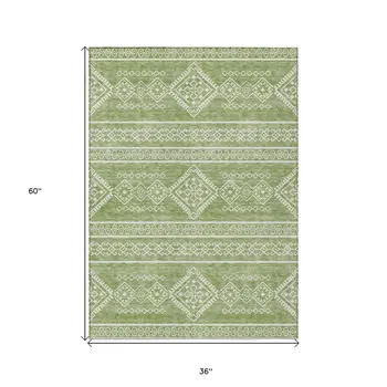 3' X 5' Green And Ivory Southwestern Washable Indoor Outdoor Area Rug
