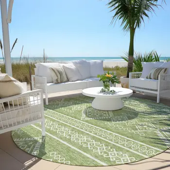 8' Green And Ivory Round Southwestern Washable Indoor Outdoor Area Rug