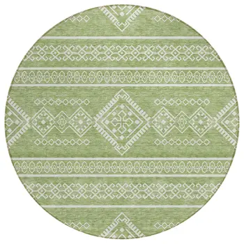 8' Green And Ivory Round Southwestern Washable Indoor Outdoor Area Rug