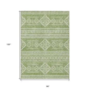 8' X 10' Green And Ivory Southwestern Washable Indoor Outdoor Area Rug