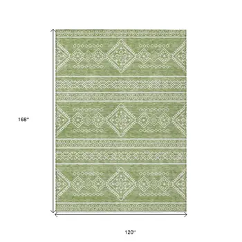 10' X 14' Green And Ivory Southwestern Washable Indoor Outdoor Area Rug