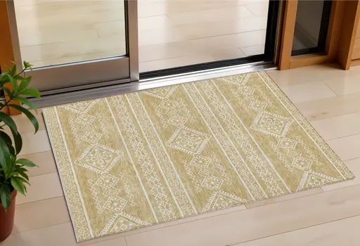 3' X 5' Gold And Ivory Southwestern Washable Indoor Outdoor Area Rug