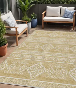 5' X 8' Gold And Ivory Southwestern Washable Indoor Outdoor Area Rug
