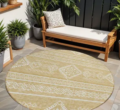 8' Gold And Ivory Round Southwestern Washable Indoor Outdoor Area Rug