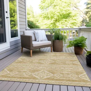 8' X 10' Gold And Ivory Southwestern Washable Indoor Outdoor Area Rug