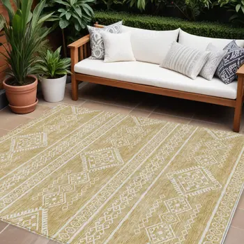 10' X 14' Gold And Ivory Southwestern Washable Indoor Outdoor Area Rug