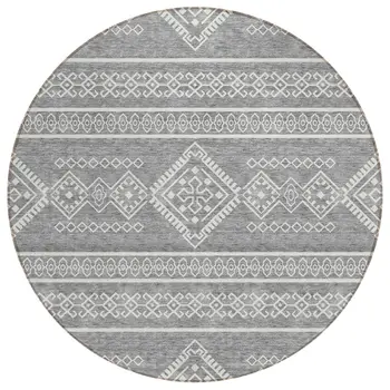 8' Gray And Ivory Round Southwestern Washable Indoor Outdoor Area Rug