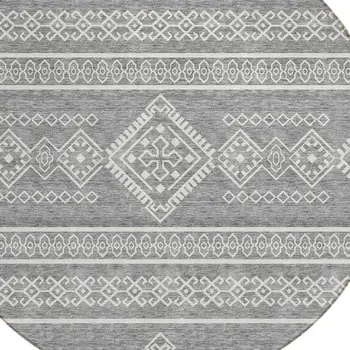 8' Gray And Ivory Round Southwestern Washable Indoor Outdoor Area Rug