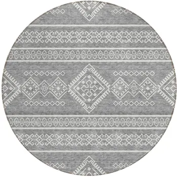 8' Gray And Ivory Round Southwestern Washable Indoor Outdoor Area Rug